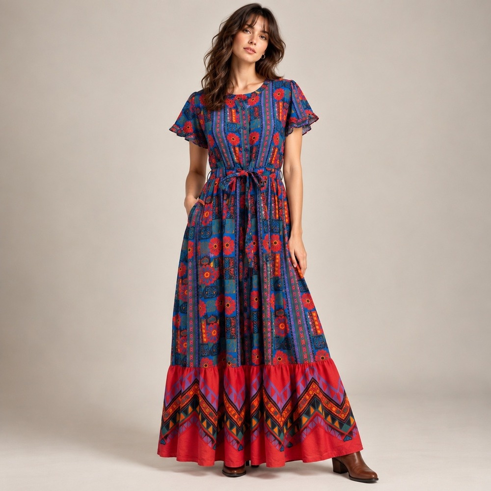Briton Court Maxi Dress Women Large Blue Red Cotton Floral Boho Tiered Western